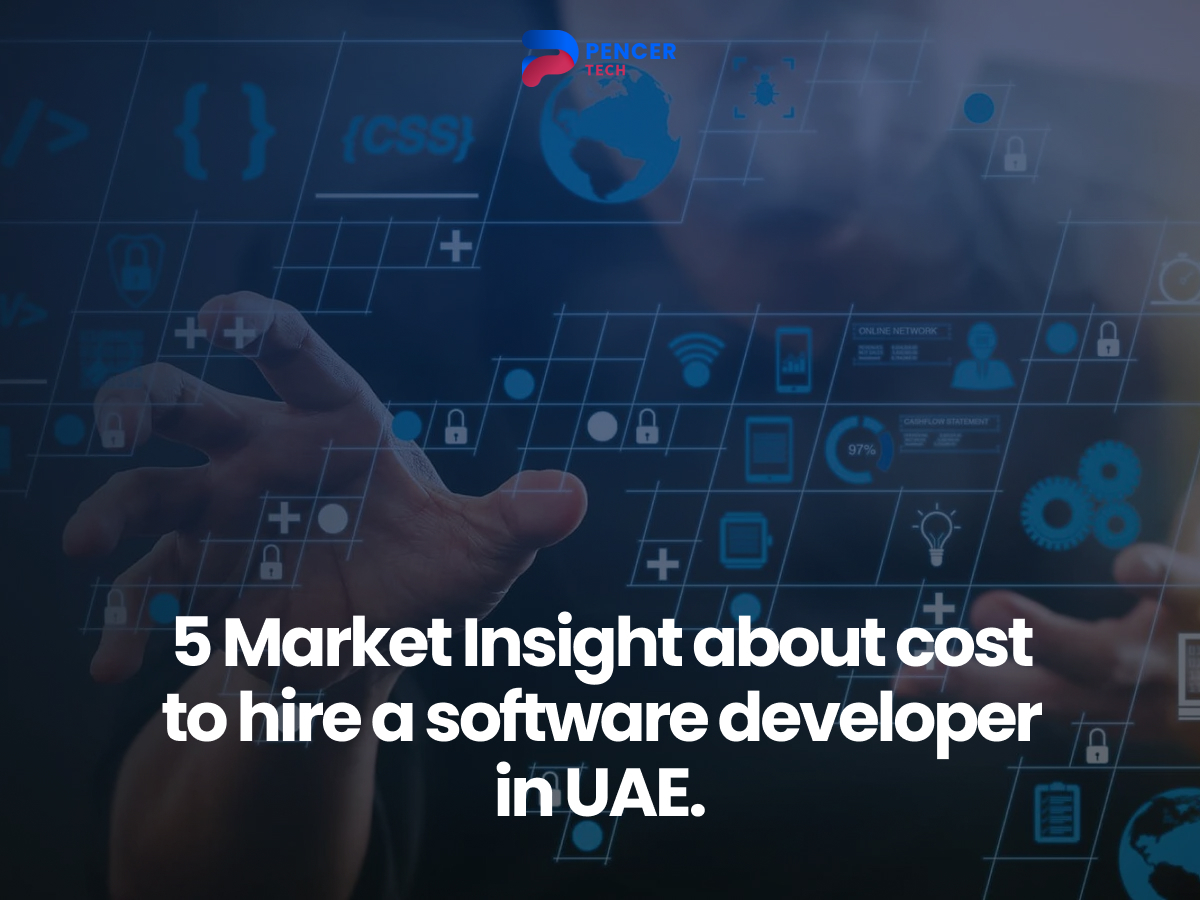 A hand reaching towards a digital interface featuring tech icons like gears and code brackets, with the text "5 Market Insight about cost to hire a software developer in UAE."