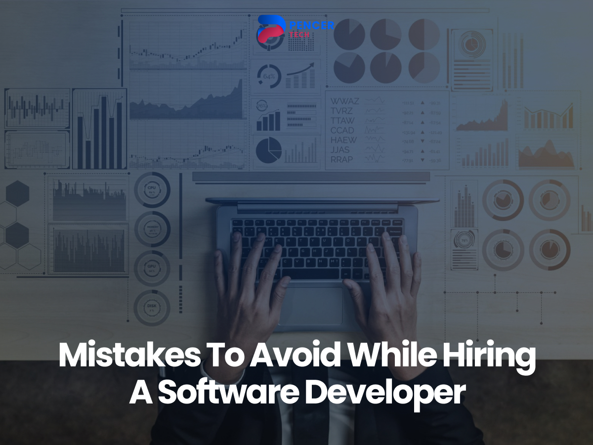 A person typing on a laptop, with various data charts and graphs displayed in the background. The text overlay reads, "Mistakes To Avoid While Hiring A Software Developer."