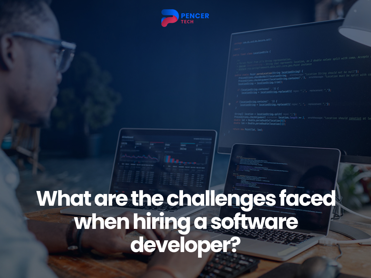 Person working on multiple computer screens displaying code and graphs, with a text overlay asking, "What are the challenges faced when hiring a software developer?"