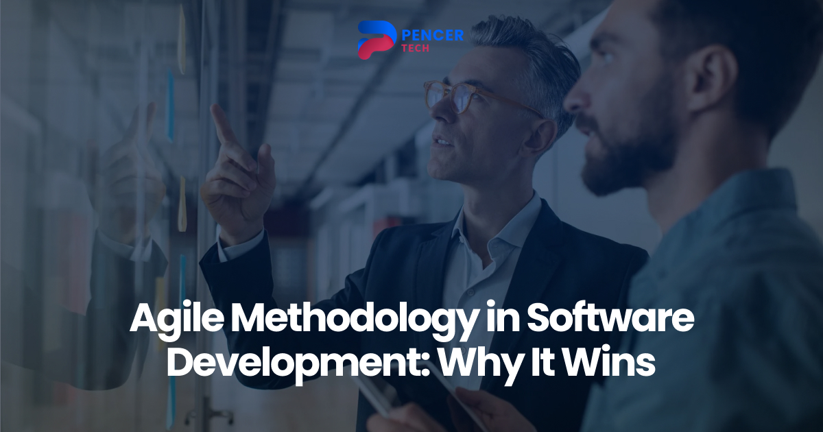 Business professionals discussing Agile methodology in software development.