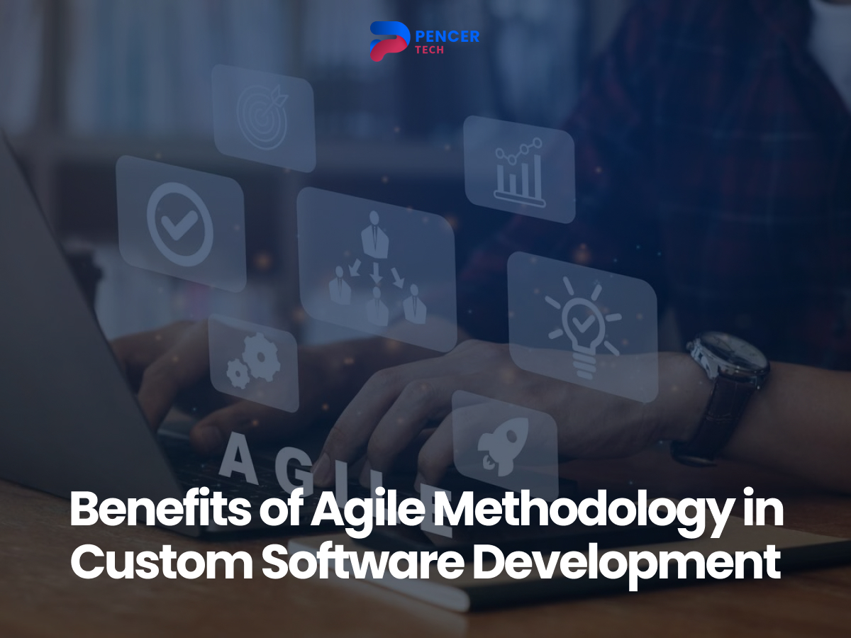 Person holding a tablet displaying "AGILE," surrounded by icons representing various aspects of Agile methodology.