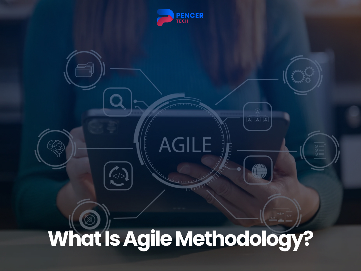 Person holding a tablet displaying "AGILE" surrounded by icons representing Agile methodology.